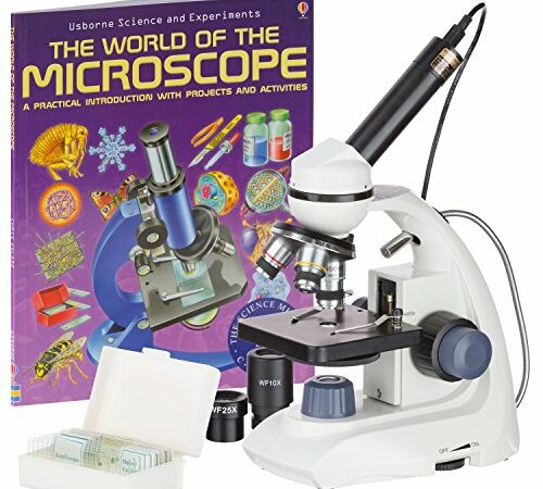 AmScope 40X-1000X LED Solid-Metal Portable Compound Microscope with Red Accents, Camera, Slide Preparation + Book