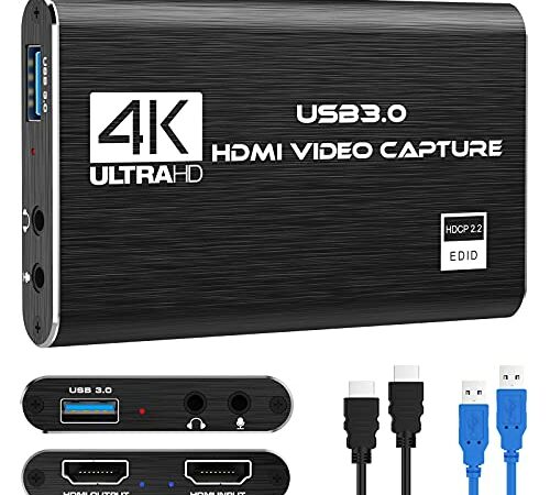 Papeaso Video Capture Cards, 4K HDMI Video Capture Device, 1080P HD 30fps Live and Record Video Audio Grabber for Gaming, Streaming, Teaching, Video Conference (Silver)