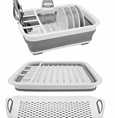 Collapsible Dish Drying Rack - Popup and Collapse for Easy Storage, Drain Water Directly into The Sink, Room for Eight Large Plates, Sectional Cutlery and Utensil Compartment, Compact and Portable.