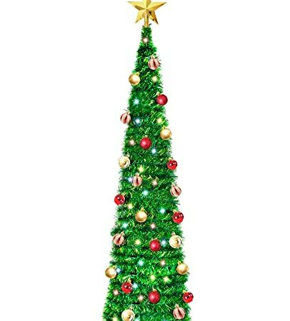 Goplus 3ft Prelit Christmas Tree, Battery Operated Spruce Fir Tree with 50 LED Lights and Timer Function, 363 Tips Solid Cement Base Tabletop Decorations Full Tree