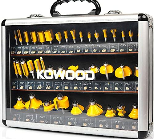 KOWOOD Plus Pattern Flush Trim Router Bit Set, 1/4 Inch Shank, Top Bearing Flush Trim Bit Kit. Cutting Height in 25/64”, 3/4”, 1”, 1-1/2”. With updated Kowood C3 Carbide. Great for trim shelf edging, veneer or laminates