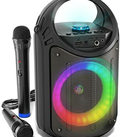 Risebass Portable Bluetooth Speaker with Microphone Set - Home Karaoke Machine and PA System for Kids and Adults with Party Lights - Rechargeable USB Speaker Set with FM Radio, SD Card and AUX (Black)