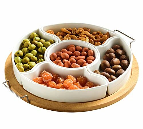 Okllen 3 Pack Porcelain Divided Serving Tray, White Appetizer Tray Platter for Chips and Dip, 5 Compartments Decorative Fruit Veggie Tray Candy Snacks Dishes, Square, 9.5"L x 9.5"W x 1"H