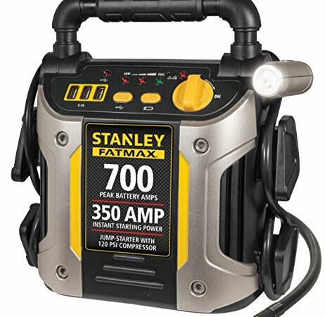 STANLEY FATMAX PPRH7DS Professional Power Station Jump Starter: 1400 Peak/700 Instant Amps, 500W Inverter, 120 PSI Air Compressor, USB Port, Battery Clamps