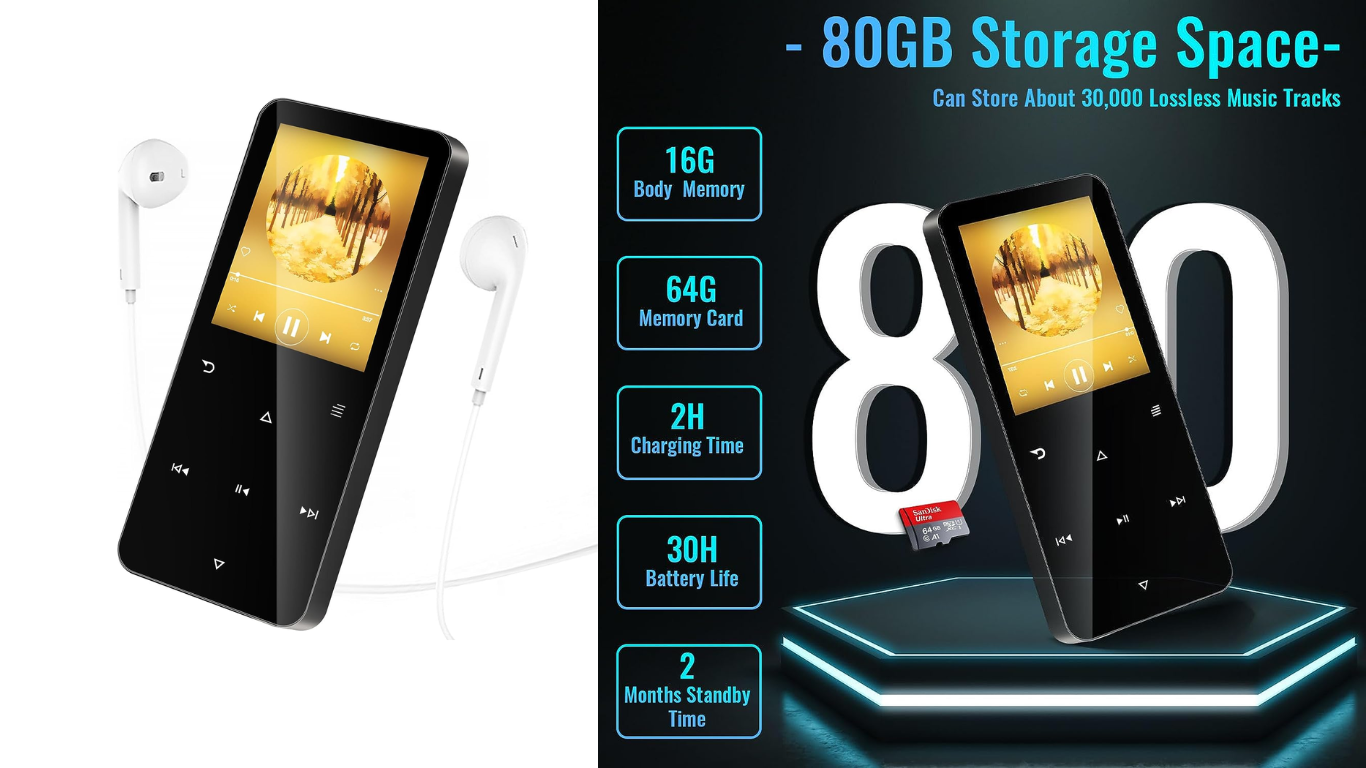 80GB MP3 Player with Bluetooth 5.2, Portable Music Player, with A High-Capacity Battery Inside
